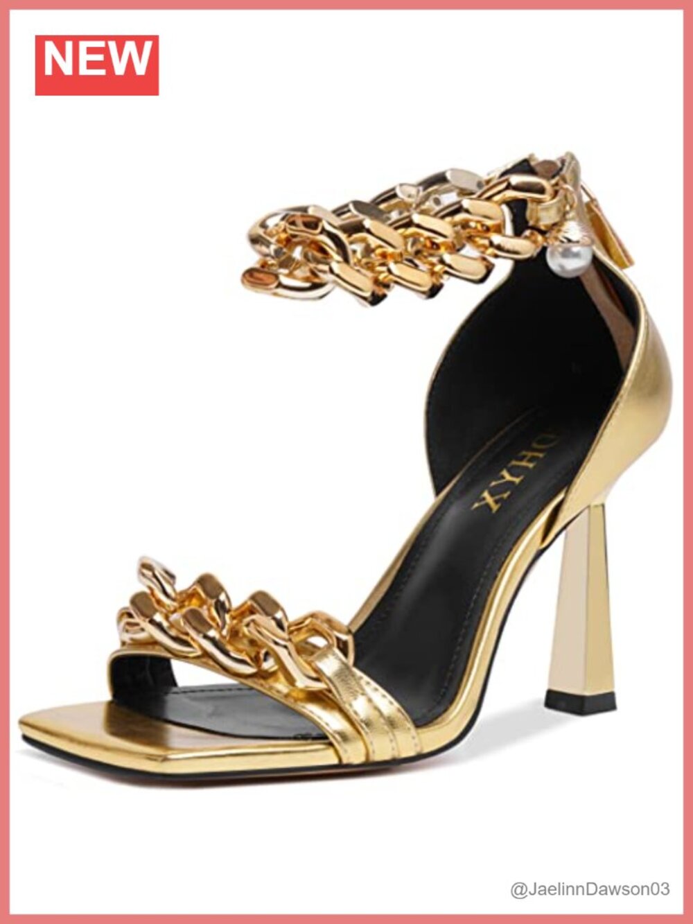 Women's Stiletto Heel Sandals Square Open Toe Chain and Pearl Accents